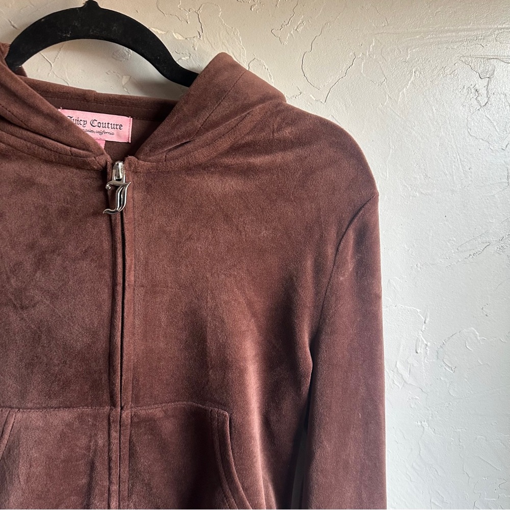 Juicy Couture Brown Velour Hoodie Rhinestone Y2K Cropped Full Zip‎ Sz S - Picture 5 of 11